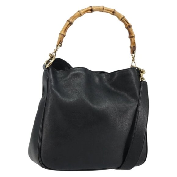 GUCCI Bamboo Shoulder Bag Leather 2way Black Gold 001 1638 Auth 142796 - Picture 1 of 16
